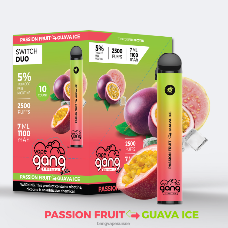 Vape Gang Switch Duo 2 saveurs (boîte de 10) fruit de la passion - glace à la goyave Bang Vape Genève P242D44